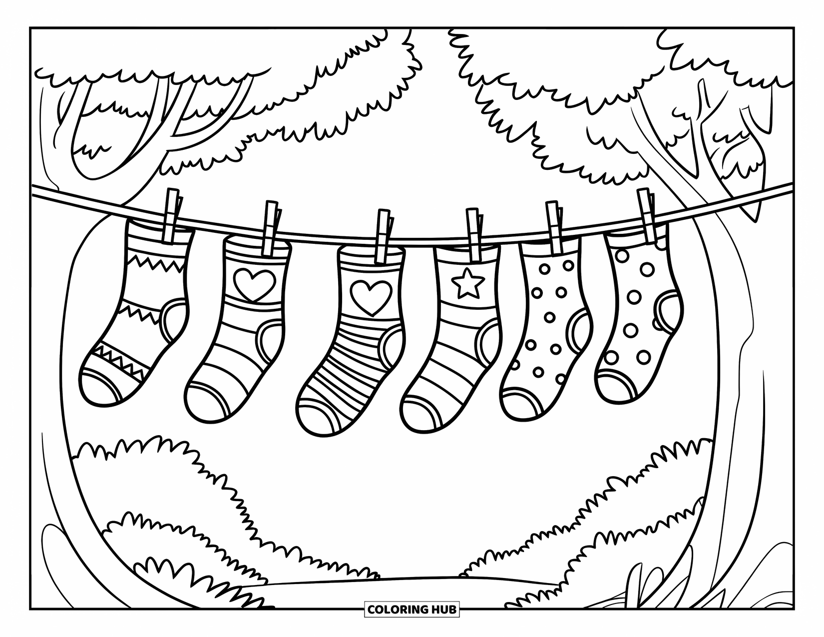Sock Coloring Page for Kids: A row of socks hangs on a clothesline, each featuring a unique pattern and theme