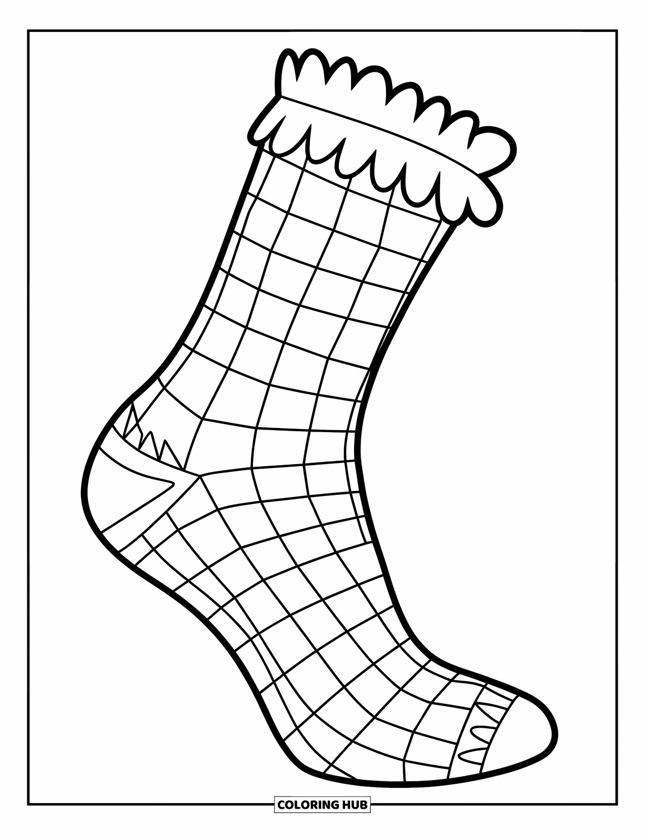 Sock Coloring Page for Kids: A single sock with a trendy checkerboard design and playful edges sits on a white background