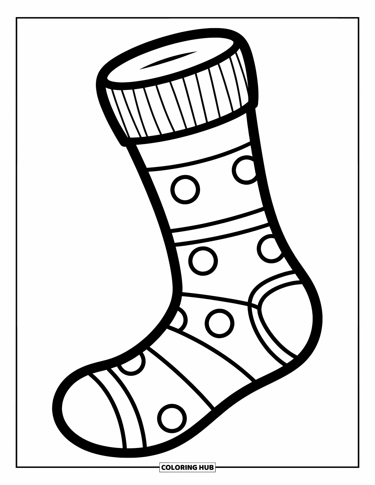 Sock Coloring Page for Kids: A single sock with polka dots and stripes, outlined in a cheerful, bold design