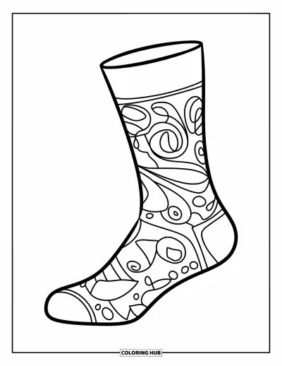 Desen de colorat cu șosete pentru copii: O șosetă acoperită cu doodle-uri artistice, vârtejuri și modele jucăușe creează un desen de colorat captivant