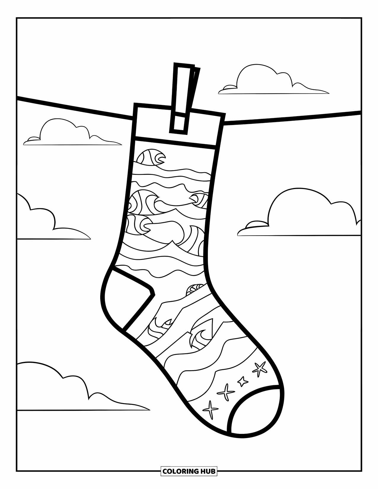 Sock Coloring Page for Kids: A sock decorated with waves and ocean creatures flutters on a clothesline under a bright sky
