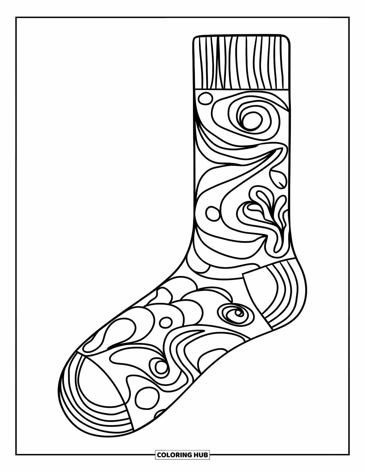Sock Coloring Page for Kids: A sock featuring a dynamic mix of swirls and abstract shapes is great for detailed coloring