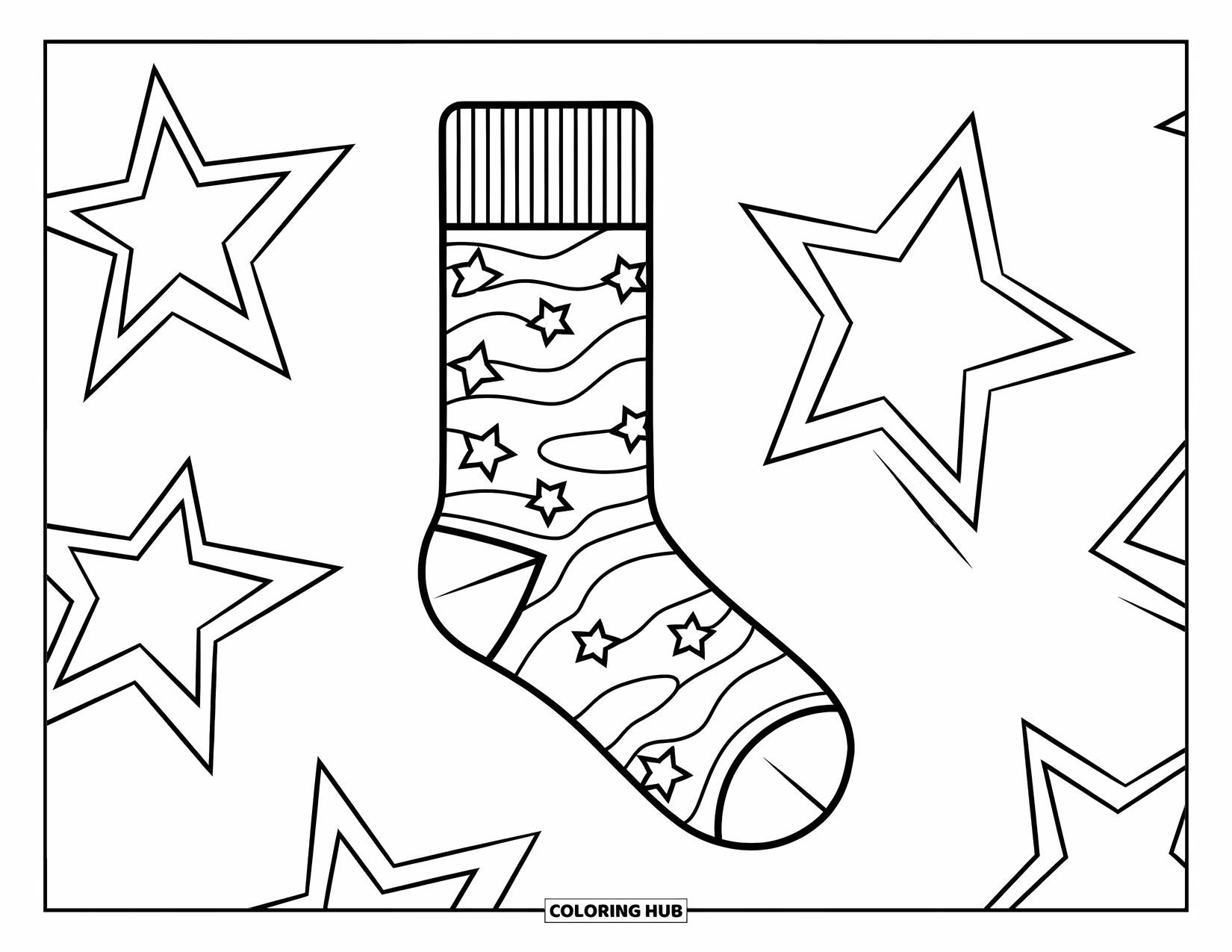 Sock Coloring Page for Kids: A sock featuring a wavy design and large, bold stars in a playful arrangement