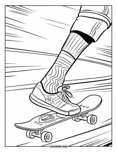 Desen de colorat cu șosete pentru copii: O șosetă pe un skateboard, în plină mișcare, cu călcâiul ridicat și un logo îndrăzneț pe placă