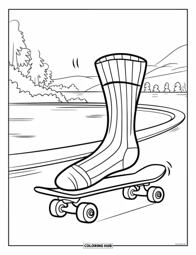 Desen de colorat cu șosete pentru copii: O șosetă pe un skateboard gonește de-a lungul unei poteci netede într-un cadru pitoresc în aer liber