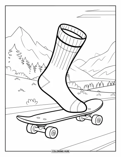 Desen de colorat cu șosete pentru copii: O șosetă merge cu skateboard-ul pe o potecă curbată cu copaci, munți și un cer senin