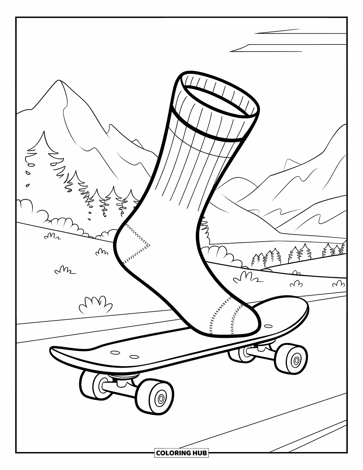Sock Coloring Page for Kids: A sock rides a skateboard on a curved path with trees, mountains, and a clear sky