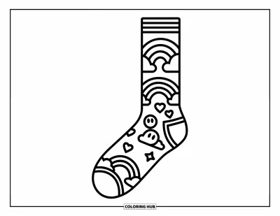 Desen de colorat cu șosete pentru copii: O șosetă cu un design inspirat din anii '90 prezintă un curcubeu, o față zâmbitoare și stele împrăștiate
