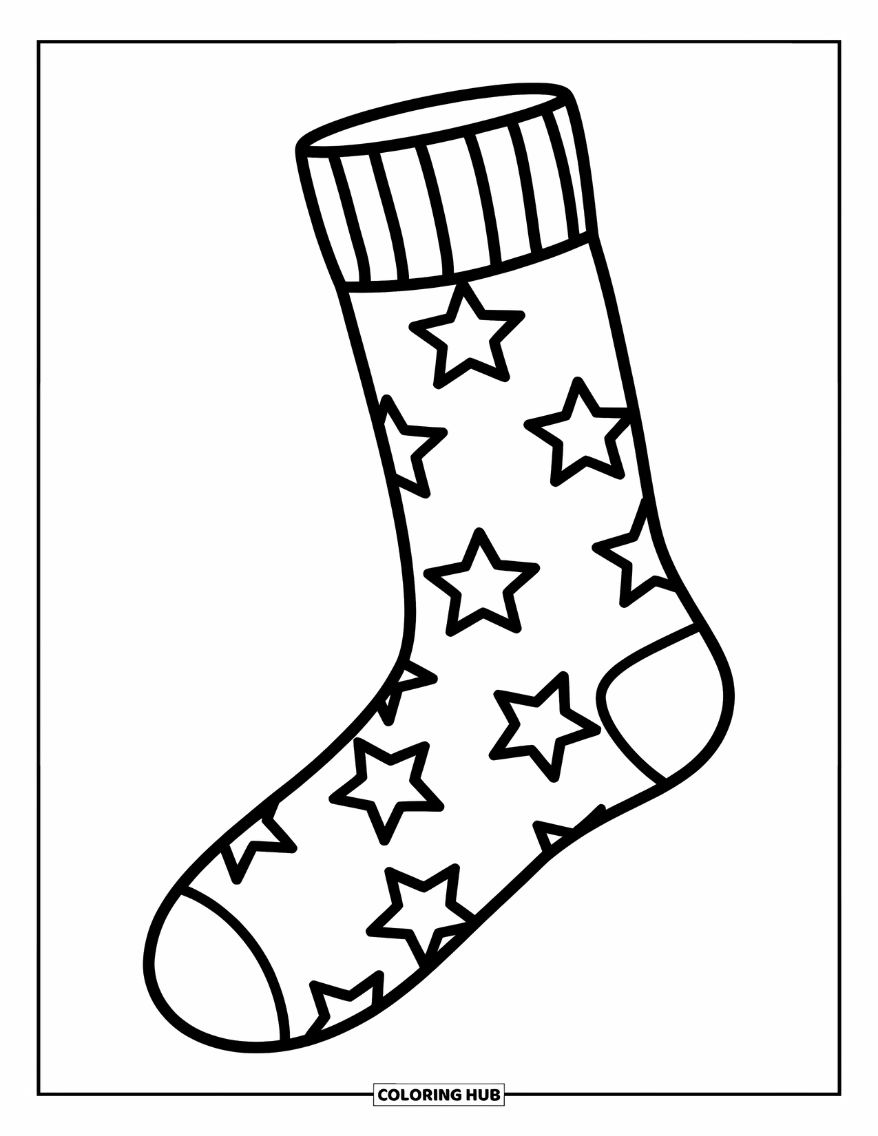 Sock Coloring Page for Kids: A sock with a star pattern, floating in an empty space with bold, clean outlines