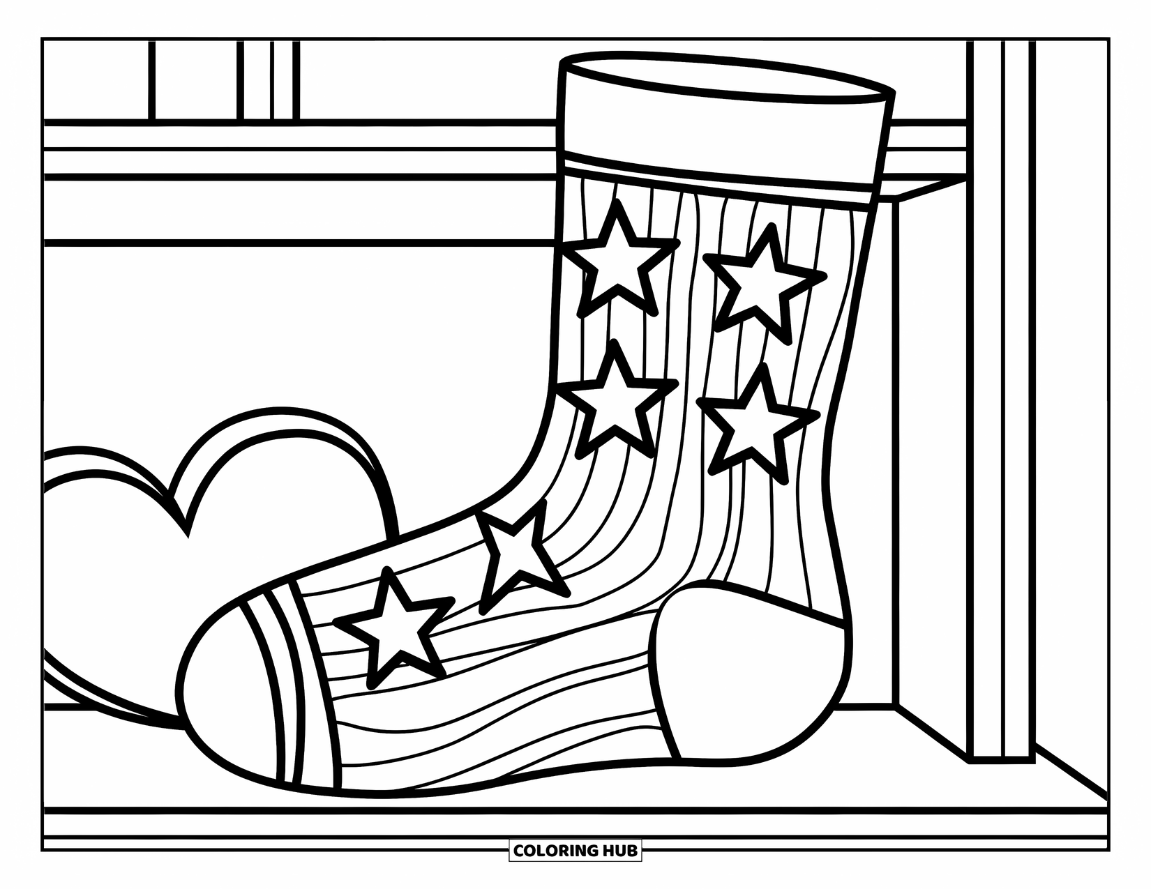 Sock Coloring Page for Kids: A sock with a wavy pattern and bold stars, placed neatly on a shelf