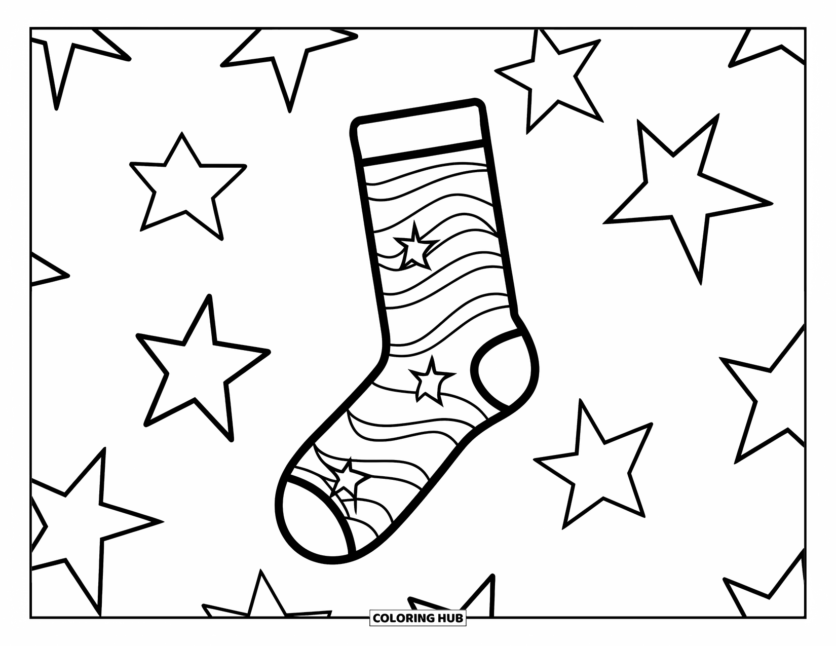 Sock Coloring Page for Kids: A sock with a wavy pattern and bold stars scattered across its surface
