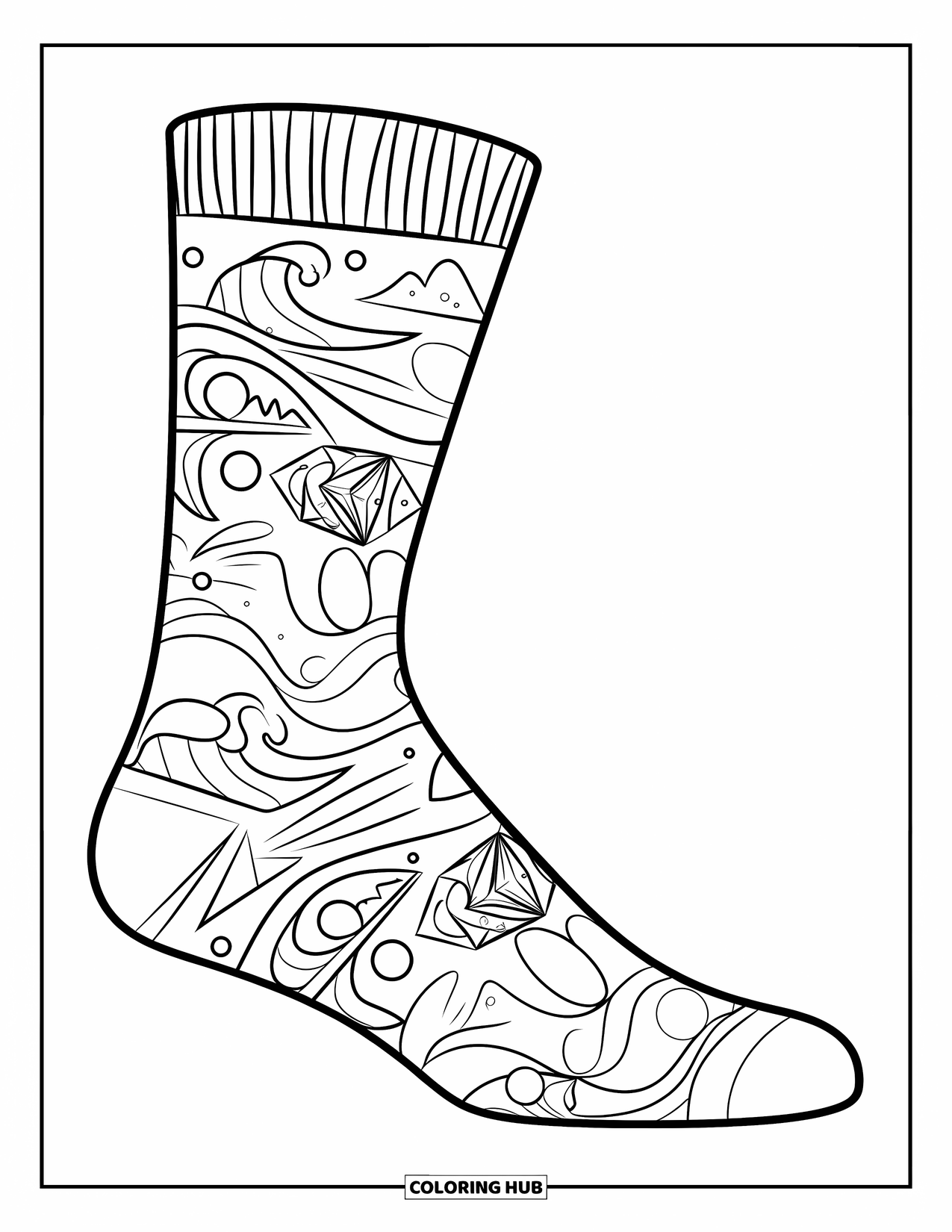 Sock Coloring Page for Kids: A sock with ocean-inspired waves and sea elements makes for a calming coloring page