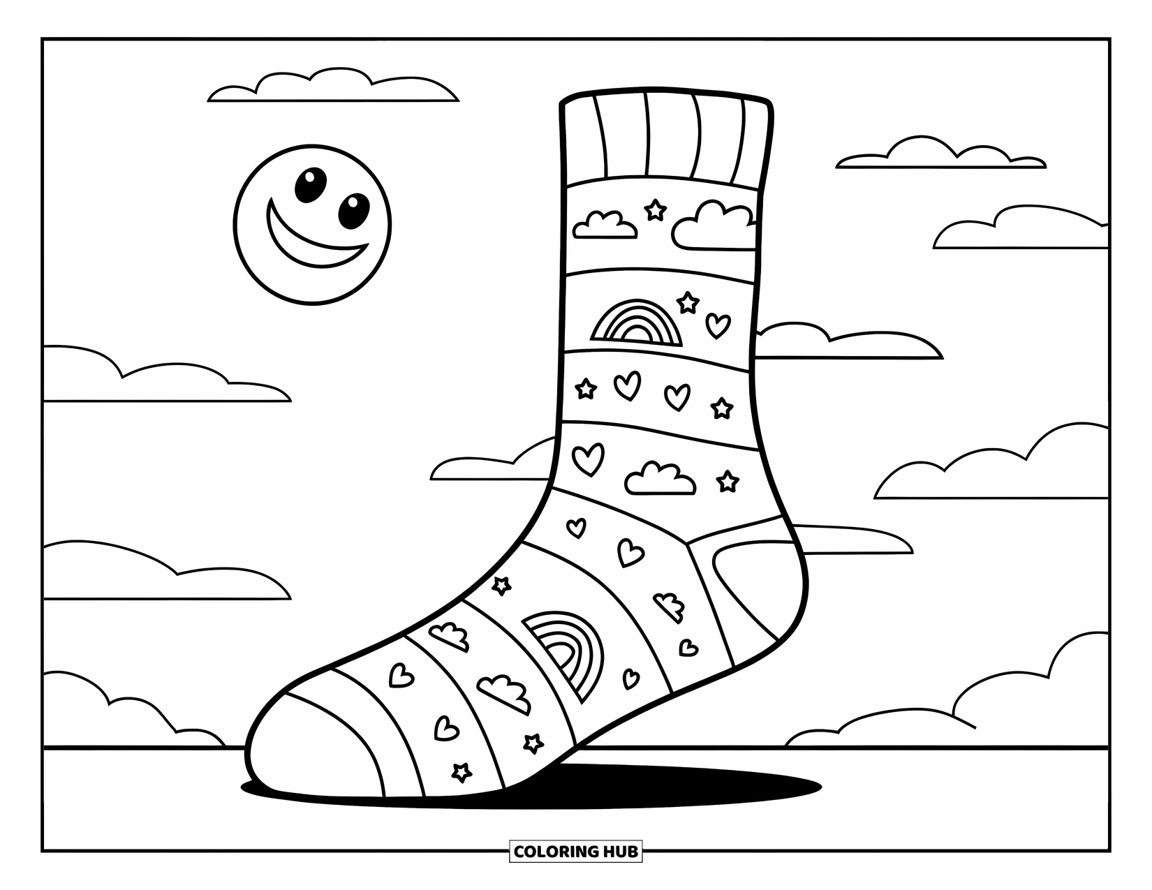 Sock Coloring Page for Kids: A sock with rainbow stripes and small details like hearts and stars lies on the ground