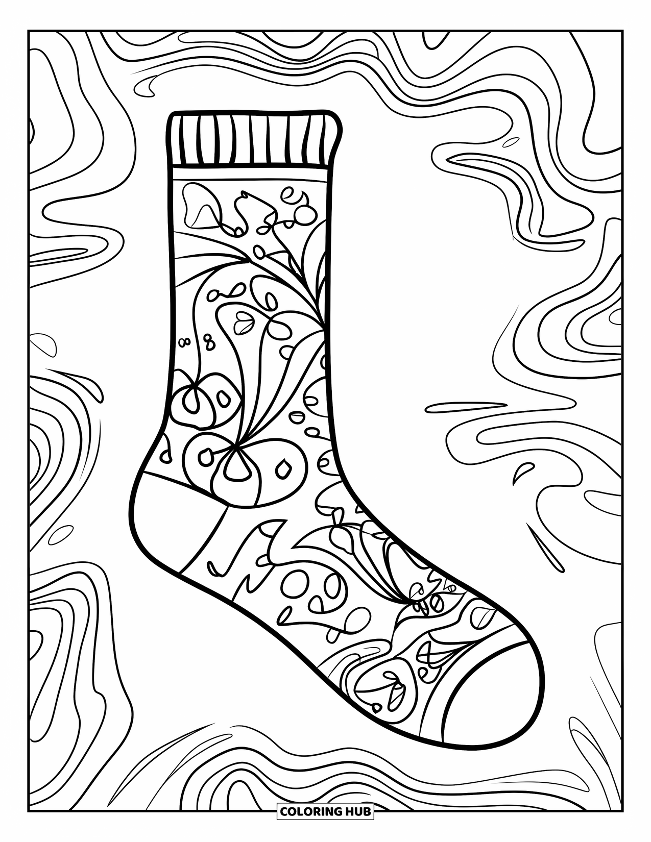 Sock Coloring Page for Kids: A sock with swirling artistic doodles and abstract designs is perfect for creative coloring