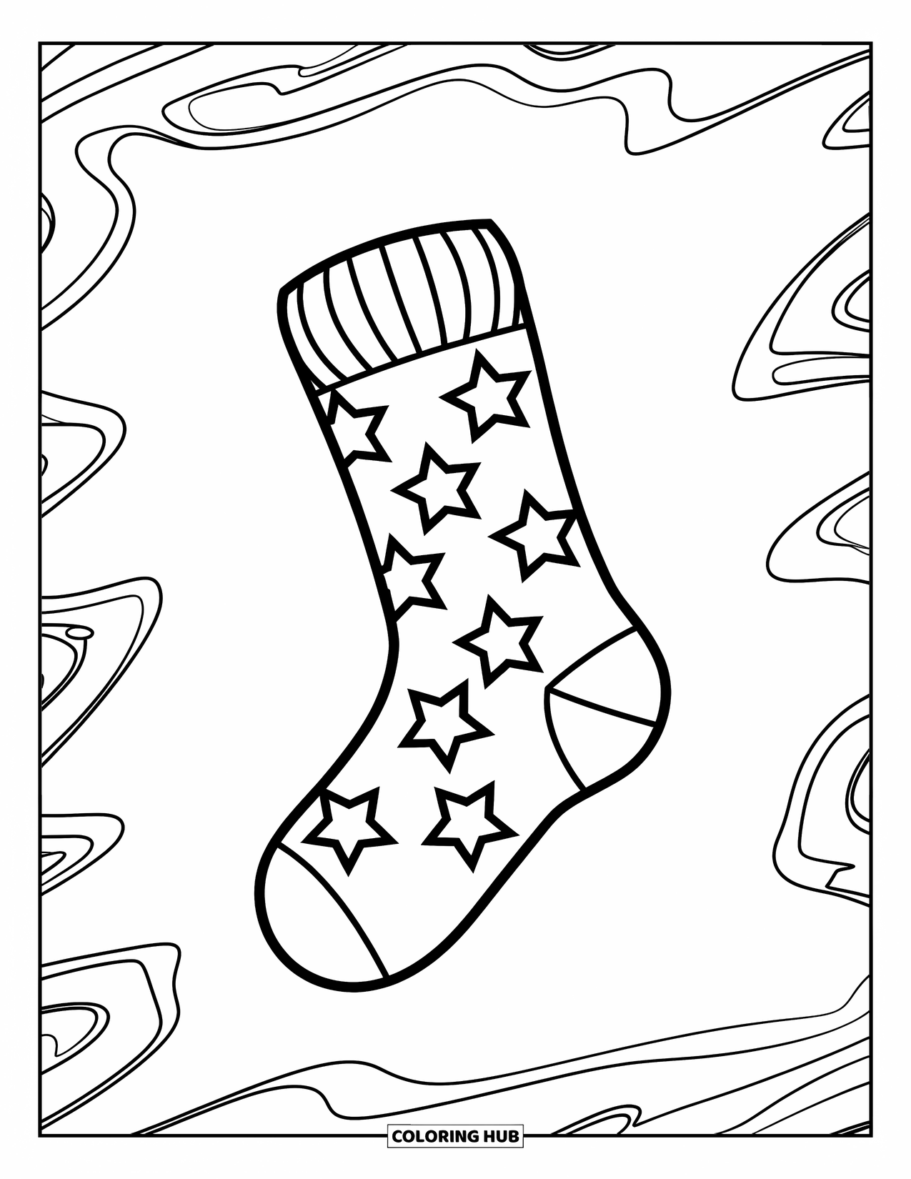 Sock Coloring Page for Kids: A star-patterned sock floating against a blank background, designed for easy coloring