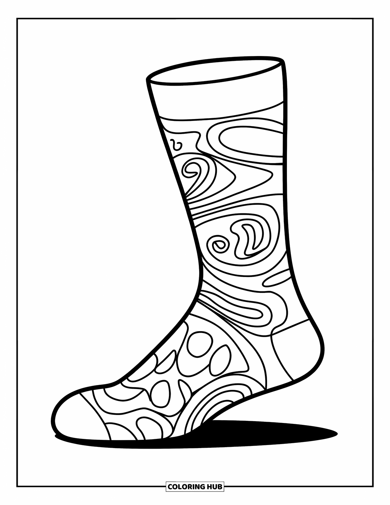 Sock Coloring Page for Kids: A stylish sock filled with swirls and abstract patterns makes a modern, expressive coloring page