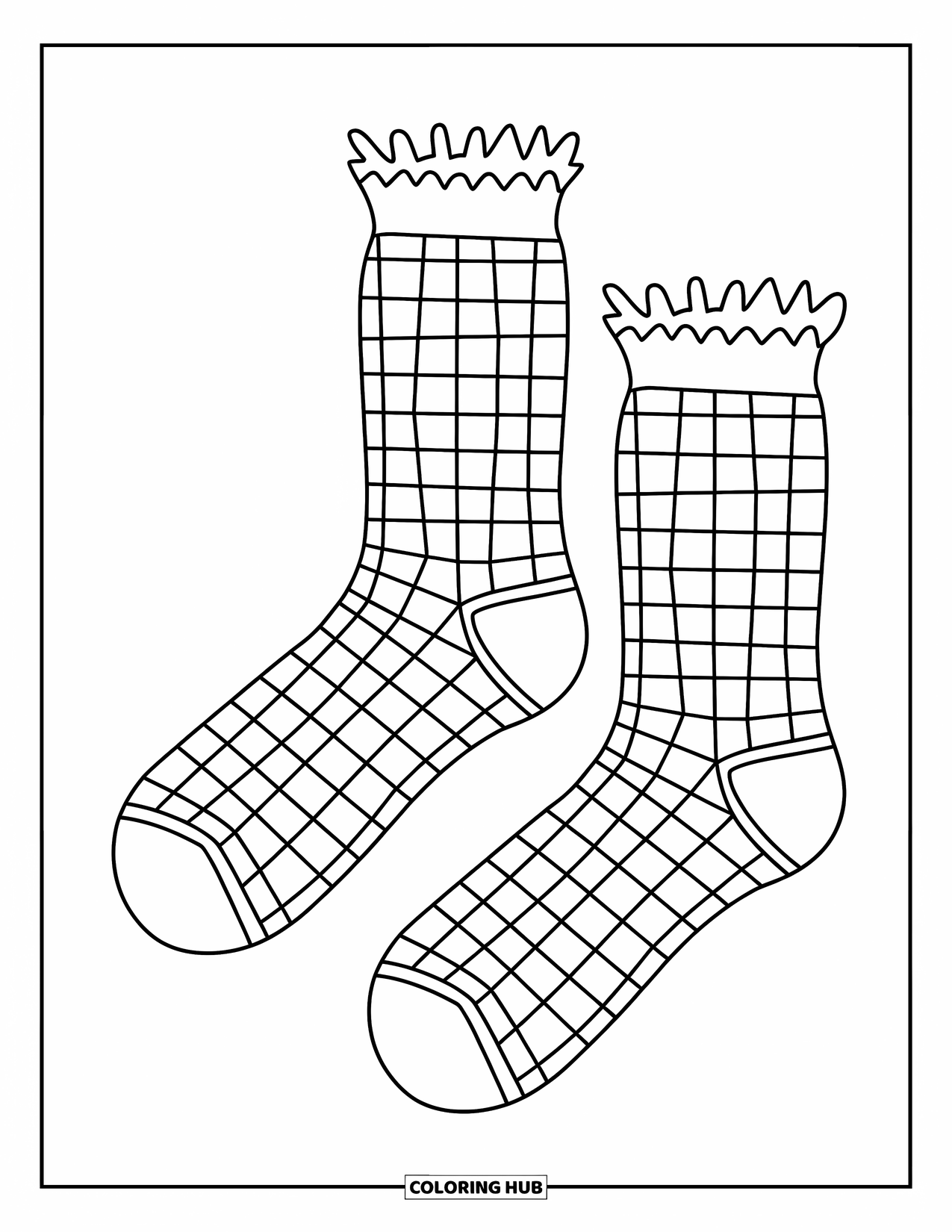 Sock Coloring Page for Kids: A trendy pair of checkerboard socks with fun edges, perfect for modern coloring styles