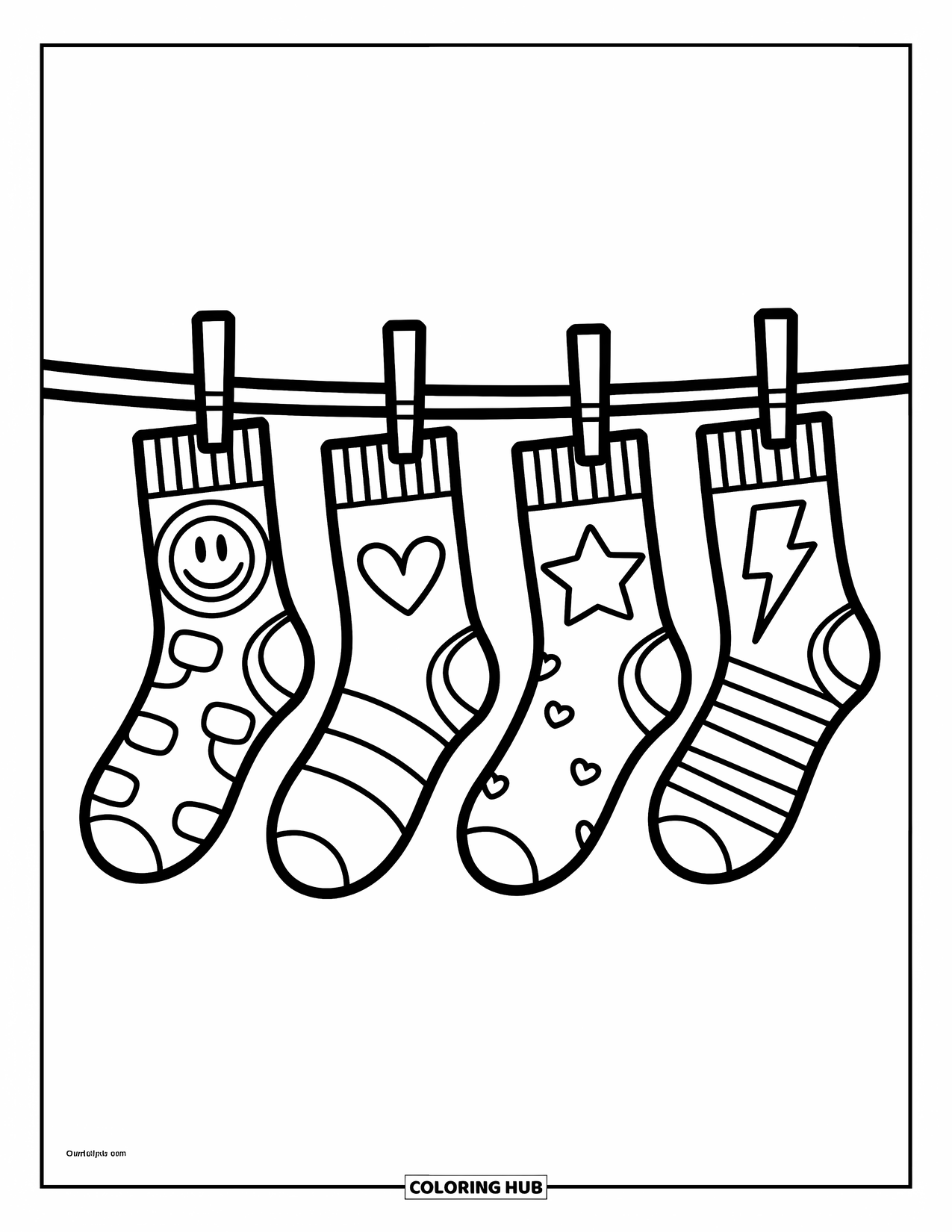 Sock Coloring Page for Kids: A variety of patterned socks hanging from a clothesline, each with a unique design