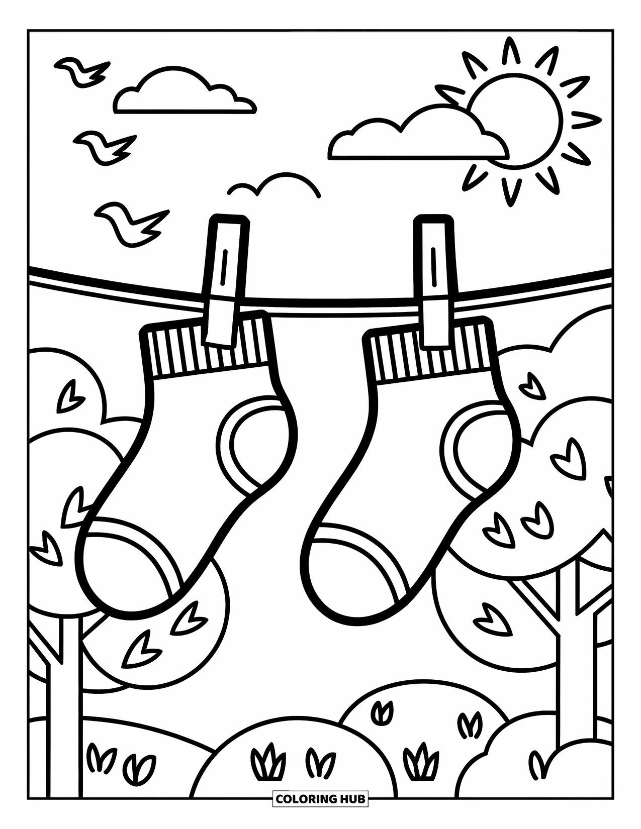 Sock Coloring Page for Kids: Two ankle socks designed like famous characters, hanging from a clothesline between trees