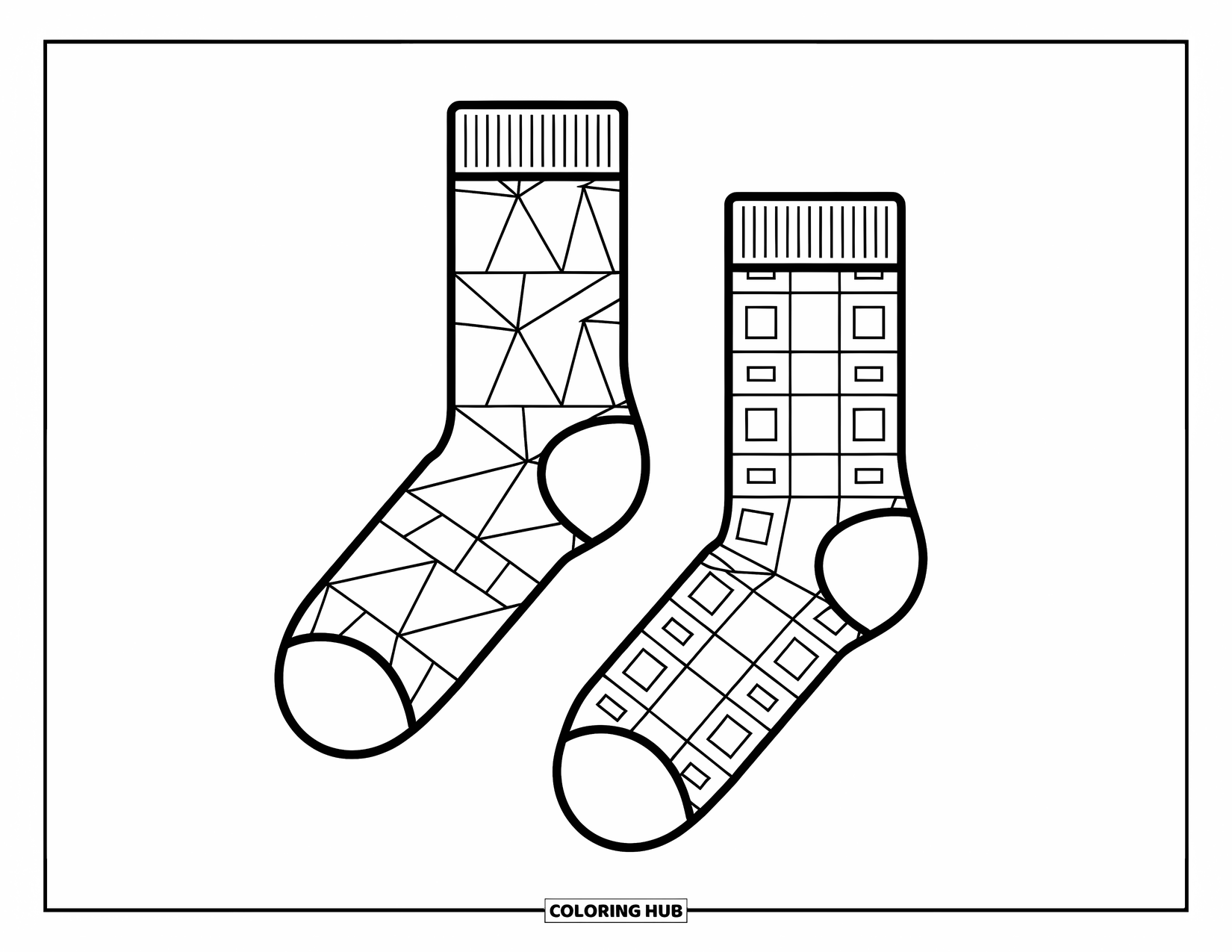 Sock Coloring Page for Kids: Two mismatched socks with geometric patterns, one with triangles and the other with squares