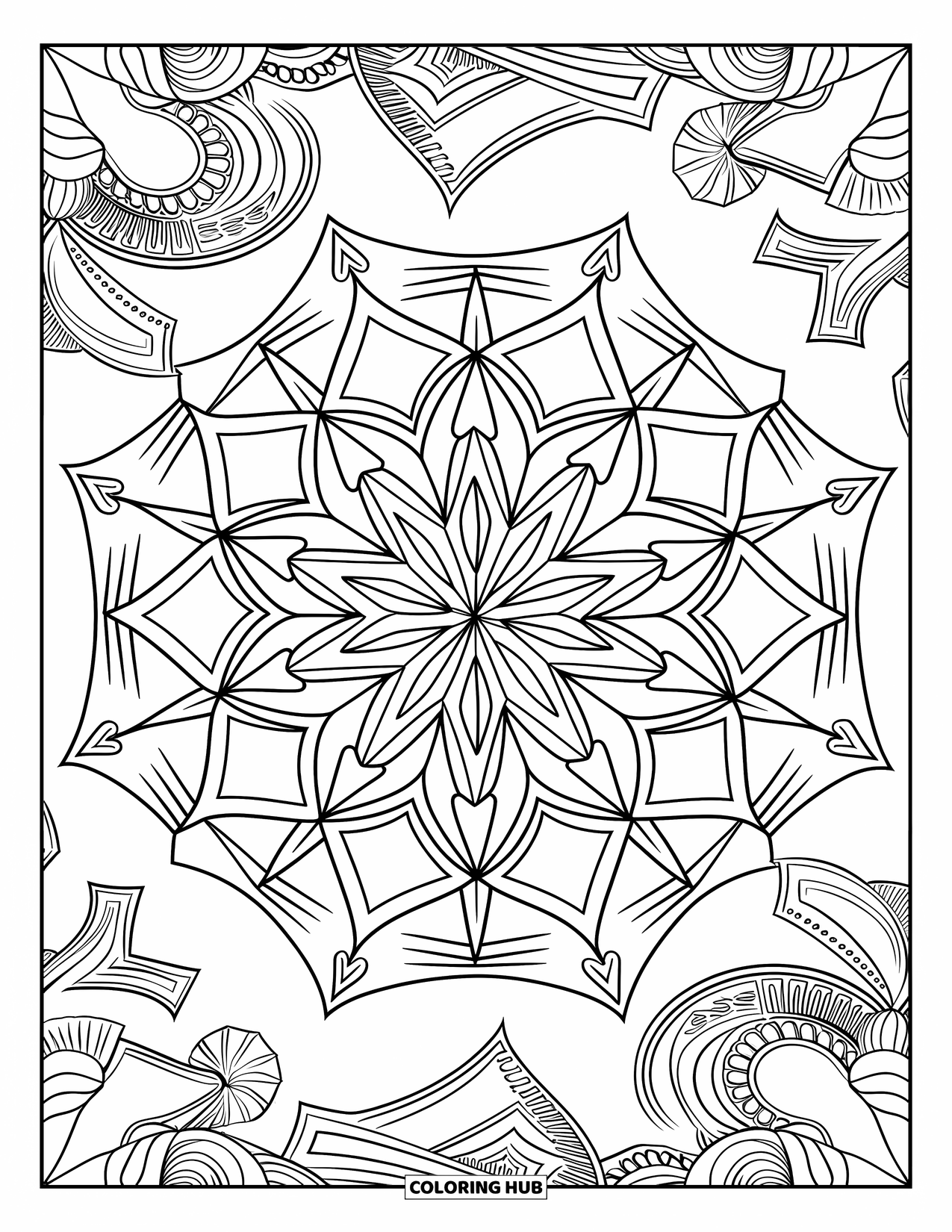 Star Coloring Page for Adults: A celestial mandala with interconnected star shapes, geometric patterns, and swirling designs