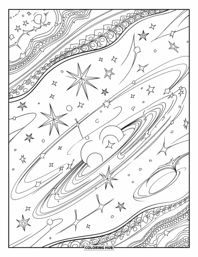 Dibujo de estrella para colorear para adultos: Una extensión cósmica llena de senderos celestiales arremolinados e intrincados cúmulos de estrellas