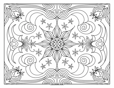 Dibujo de estrella para colorear para adultos: Un mandala de inspiración cósmica con estrellas, lunas y diseños florales con elementos decorativos