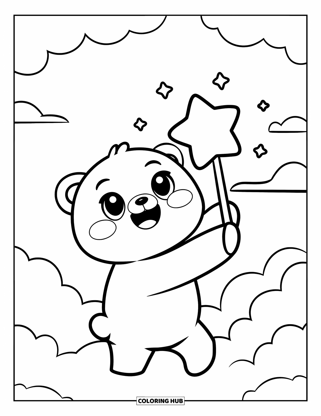 Star Coloring Page for Adults: A cute bear waves a glowing star wand while standing on a fluffy cloud