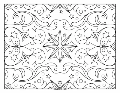 Dibujo de estrella para colorear para adultos: Un mandala celestial detallado con estrellas, lunas y patrones florales arremolinados