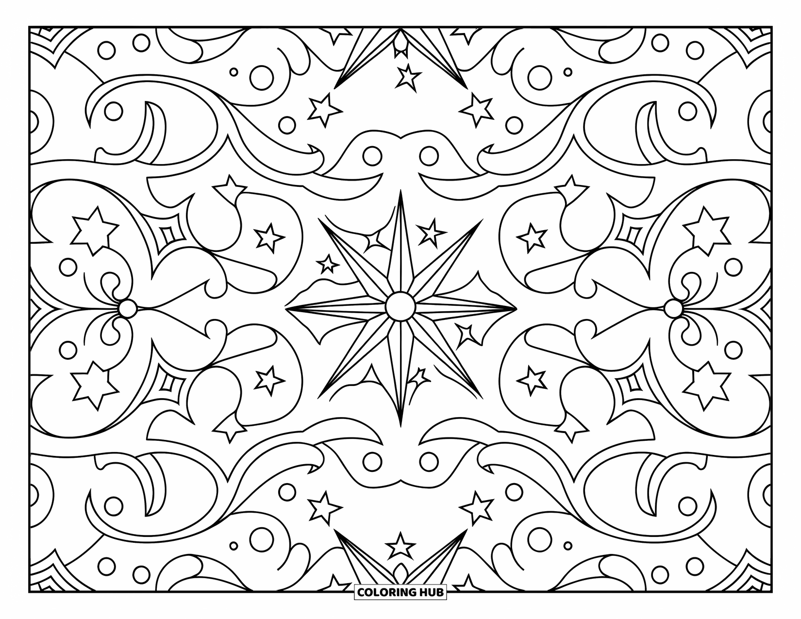 Star Coloring Page for Adults: A detailed celestial mandala with stars, moons, and swirling floral patterns