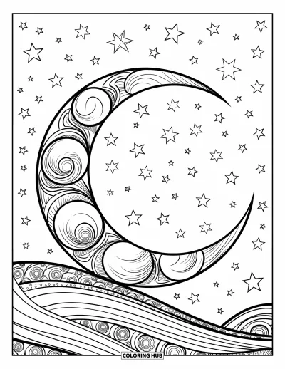 Dibujo de estrella para colorear para adultos: Una luna creciente detallada con grabados celestiales y un cielo estrellado circundante