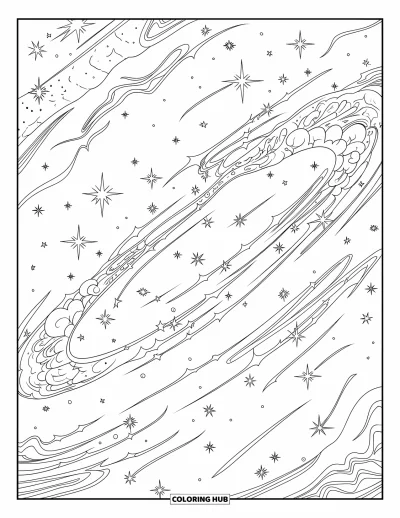 Dibujo de estrella para colorear para adultos: Una galaxia de ensueño con senderos celestiales curvos, estrellas intrincadas y energía cósmica