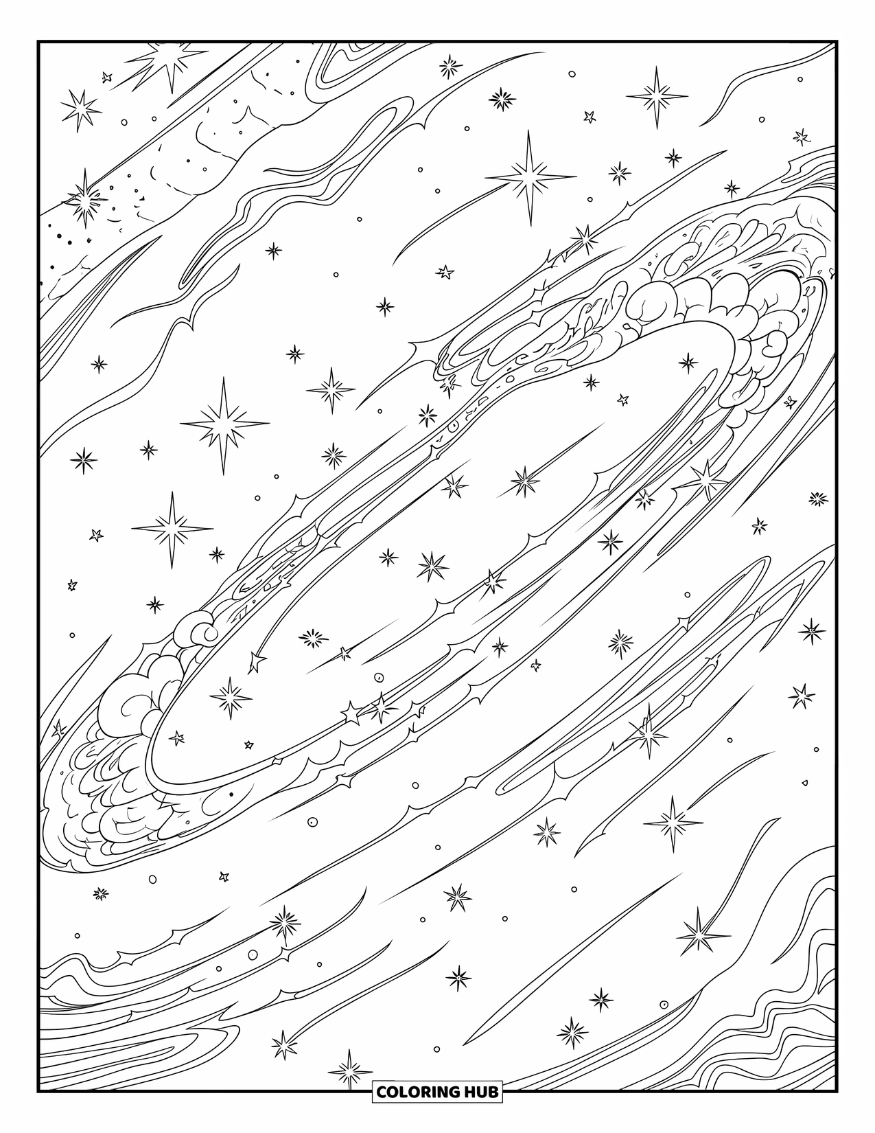 Star Coloring Page for Adults: A dreamy galaxy with curved celestial trails, intricate stars, and cosmic energy