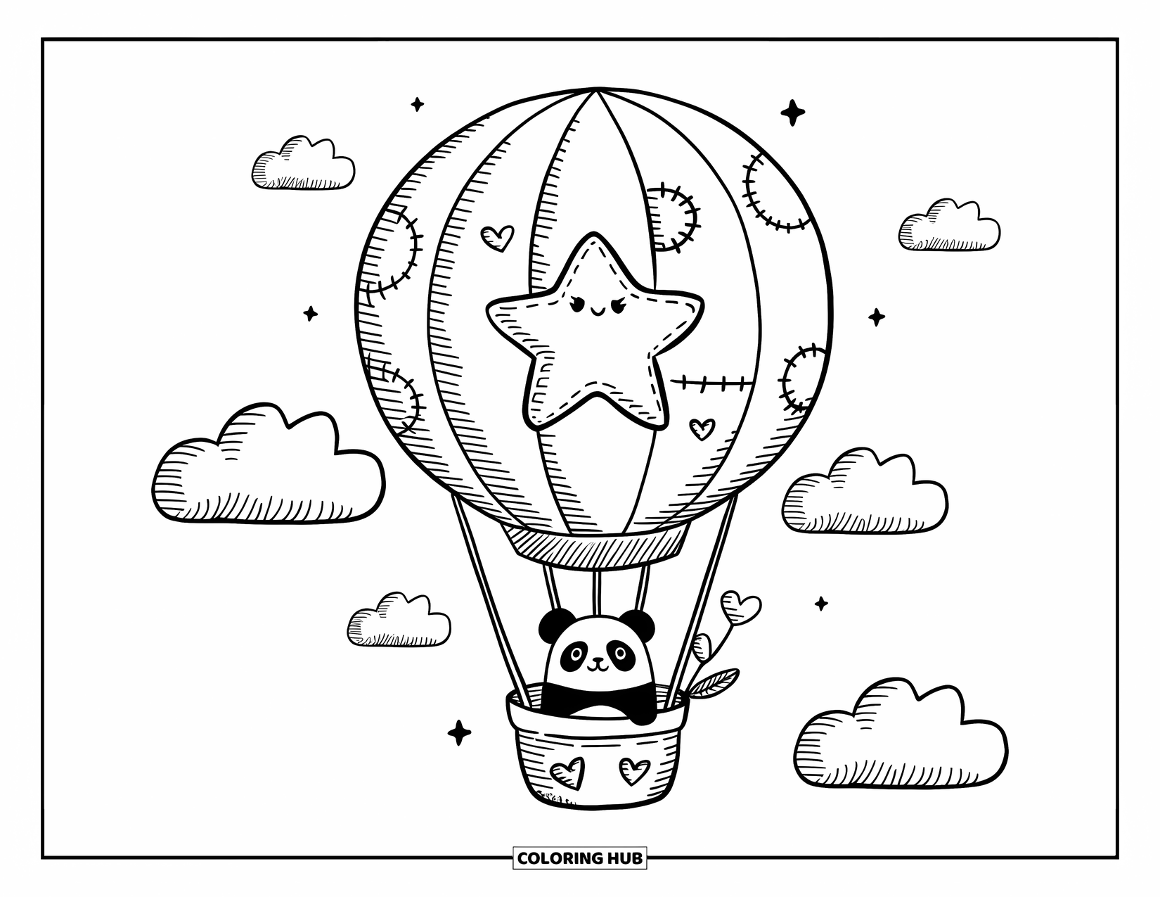 Star Coloring Page for Adults: A floating star balloon with a tiny panda drifts among the clouds