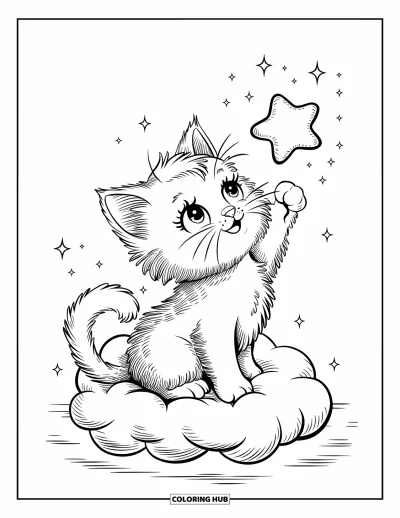 Dibujo de estrella para colorear para adultos: Un gatito esponjoso se sienta en una nube, tratando de atrapar una estrella flotante