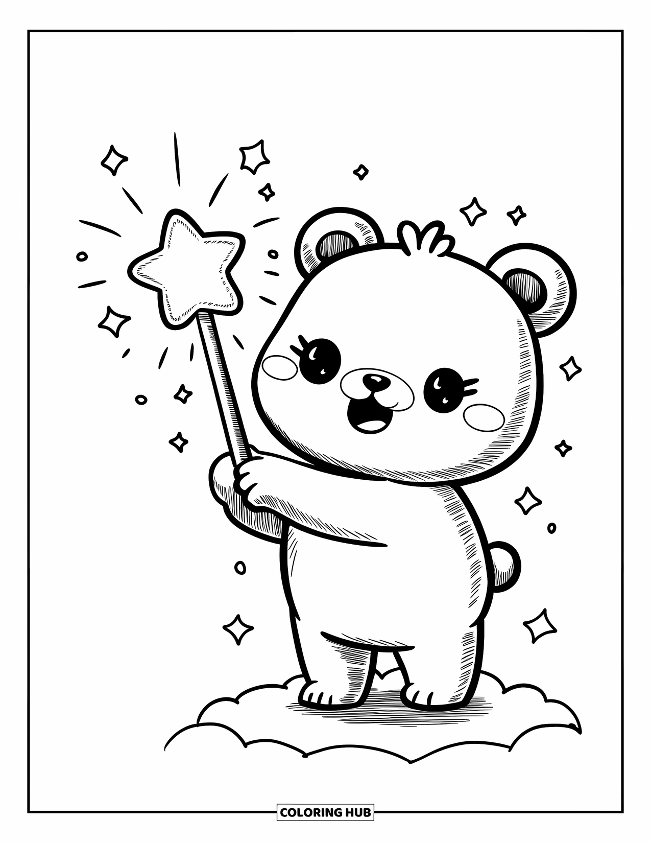 Star Coloring Page for Adults: A happy bear twirls a glowing star wand, filling the sky with sparkles