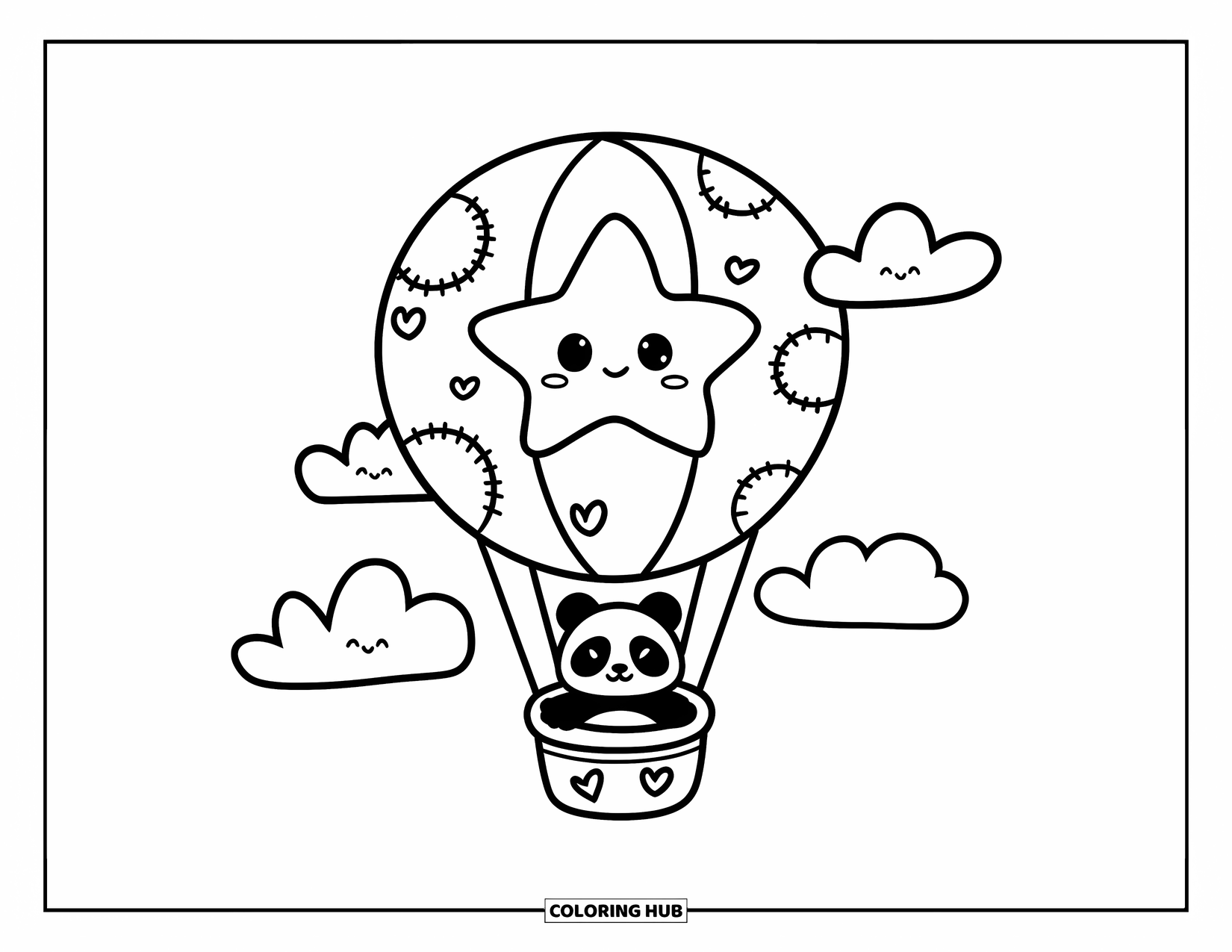 Star Coloring Page for Adults: A kawaii panda rides in a star-shaped hot air balloon decorated with hearts and patches