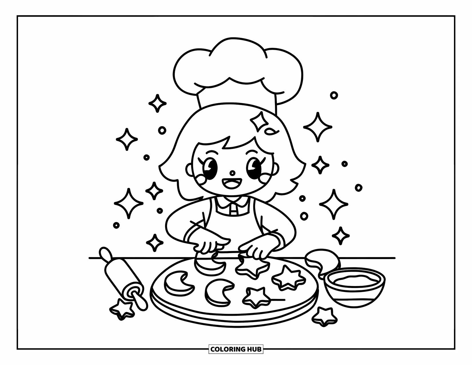 Star Coloring Page for Adults: A kawaii star chef bakes celestial cookies shaped like moons and stars