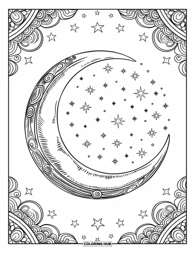 Dibujo de estrella para colorear para adultos: Una majestuosa luna creciente adornada con grabados y rodeada de estrellas arremolinadas