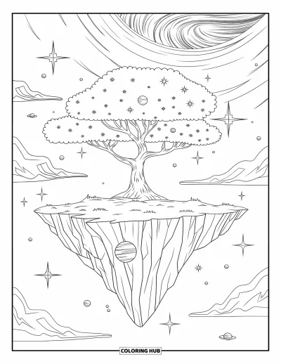 Dibujo de estrella para colorear para adultos: Una isla mística flotante con un árbol ramificado que se extiende hacia una galaxia arremolinada