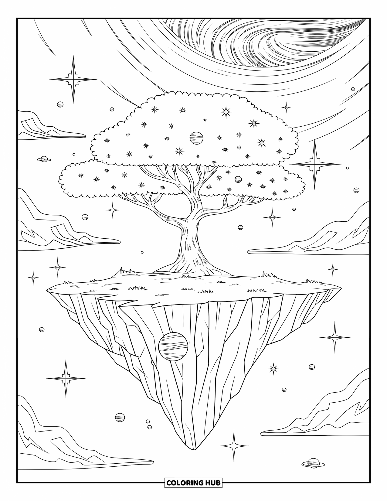 Star Coloring Page for Adults: A mystical floating island with a branching tree reaching toward a swirling galaxy