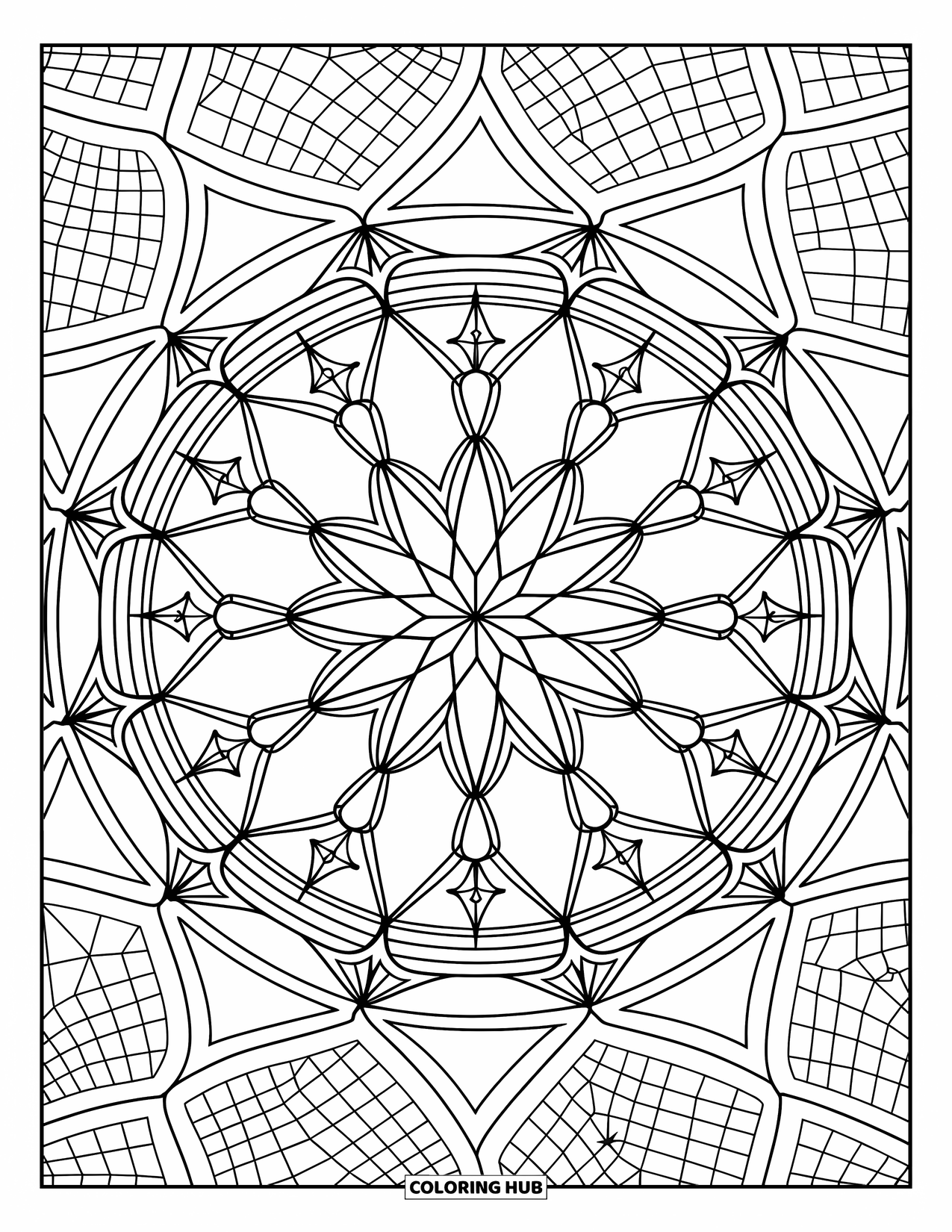 Star Coloring Page for Adults: A symmetrical mandala blending stars, cosmic swirls, and geometric precision in a radiant design