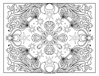 Dibujo de estrella para colorear para adultos: Un patrón simétrico de estrellas, lunas y elementos florales entrelazados con líneas arremolinadas