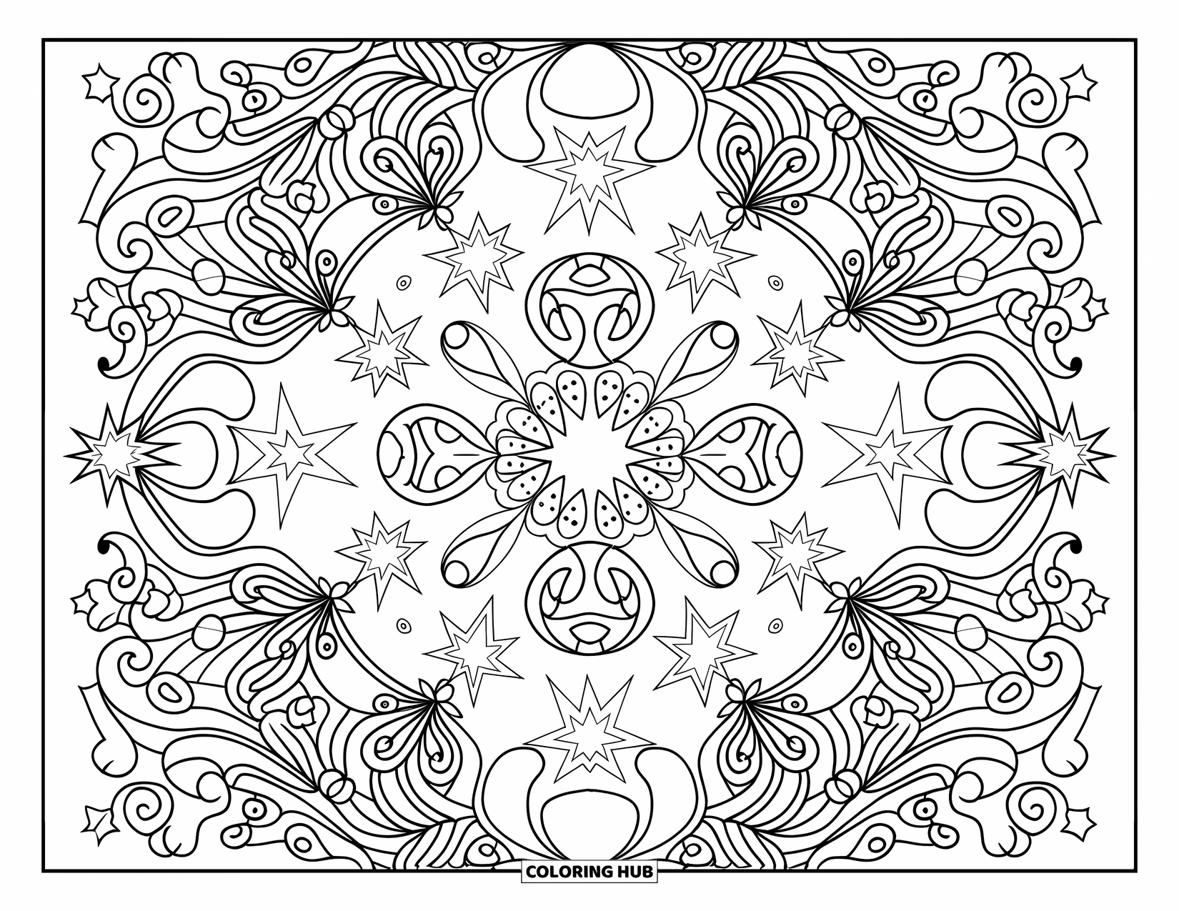 Star Coloring Page for Adults: A symmetrical pattern of stars, moons, and floral elements intertwined with swirling lines