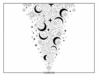 Dibujo de estrella para colorear para adultos: Una disposición vertical de estrellas, lunas y símbolos místicos entrelazados en un diseño sin costuras