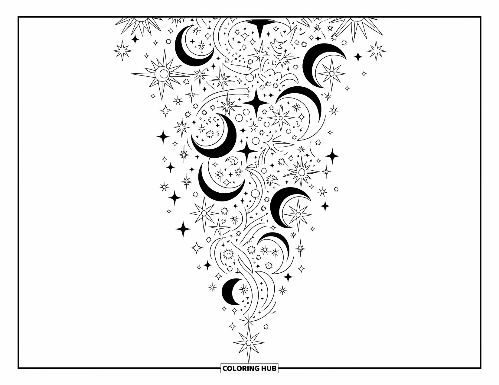 Star Coloring Page for Adults: A vertical arrangement of stars, moons, and mystical symbols woven into a seamless design