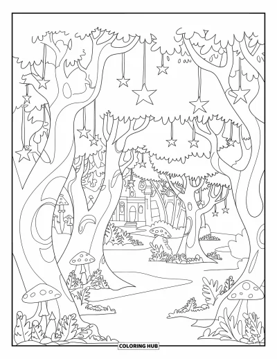 Dibujo de estrella para colorear para adultos: Un bosque encantado donde los árboles tienen pequeñas estrellas colgando como linternas brillantes