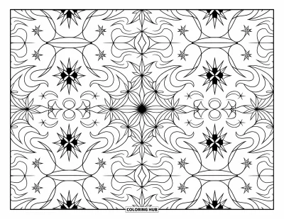 Dibujo de estrella para colorear para adultos: Un intrincado patrón celestial que combina estrellas, lunas y elementos florales en un diseño simétrico
