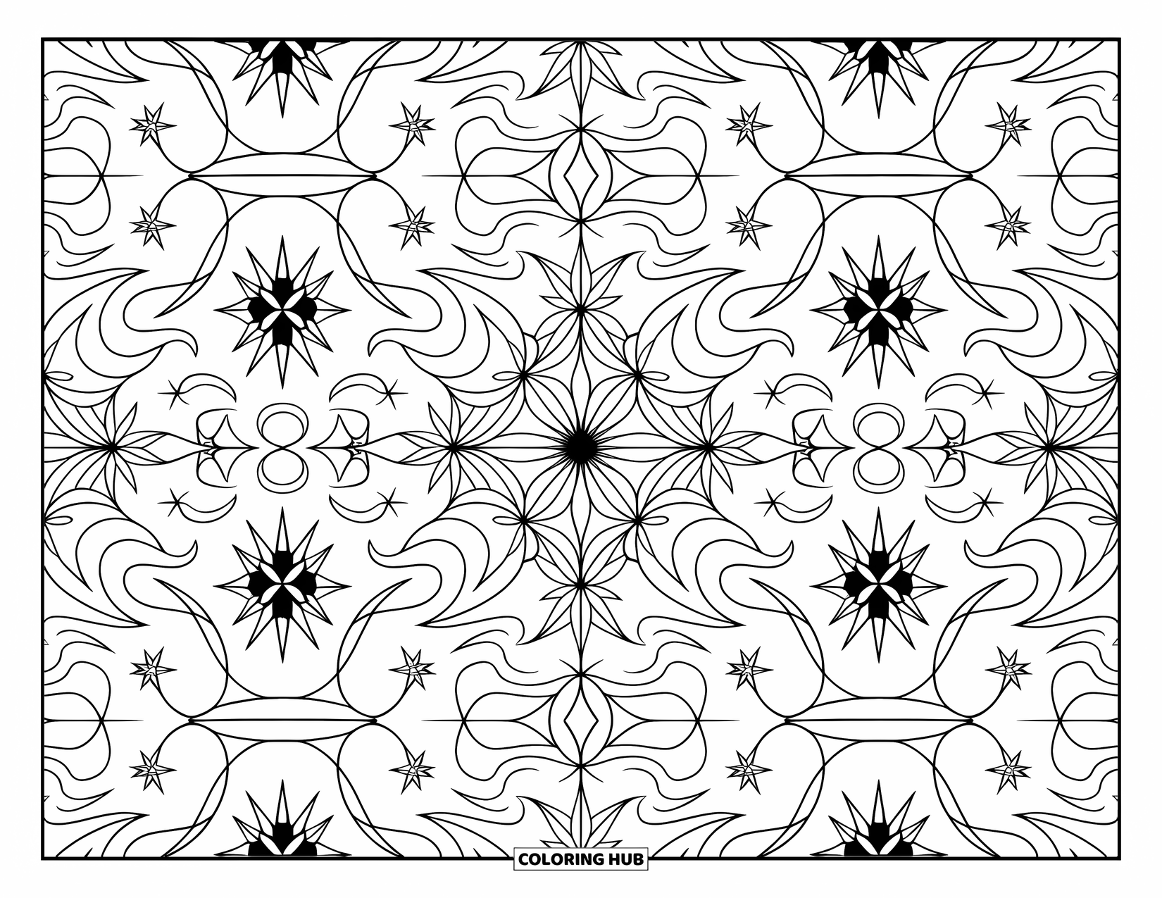 Star Coloring Page for Adults: An intricate celestial pattern blending stars, moons, and floral elements in a symmetrical design