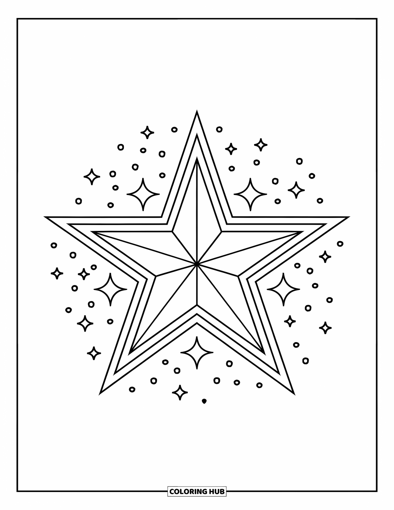 Star Coloring Page for Kids: A big, bold star glows with tiny sparkles around it